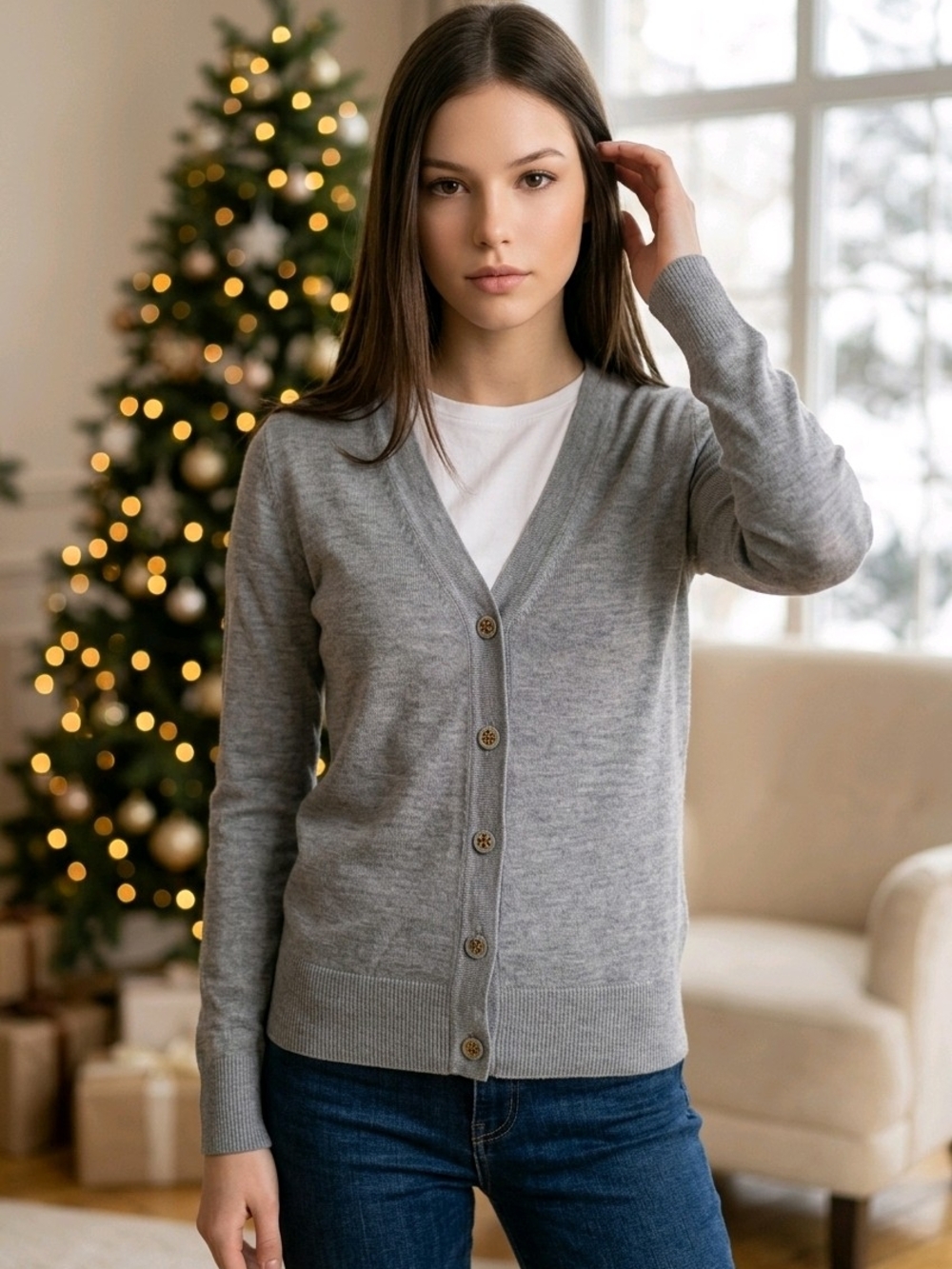 Tory Burch Heather Gray V-Neck Button Cardigan